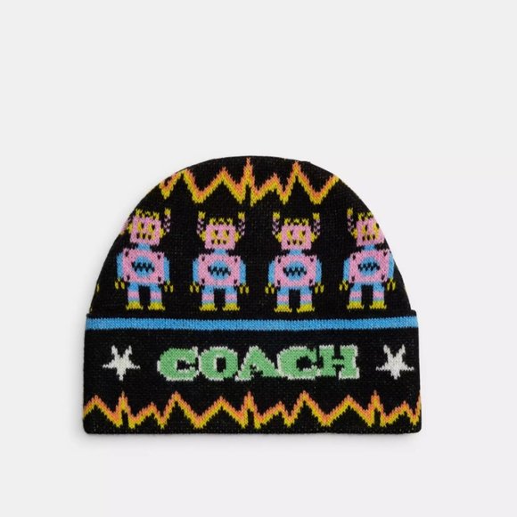 Coach Accessories - NWT Coach Cosmic Robot Print Beanie Signature Logo Wool Neon Lightning Hat Cap